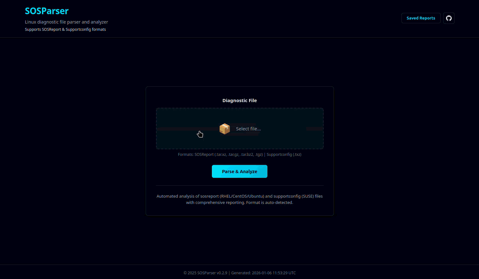 SOSParser screenshot: Animated workflow of analysis and reporting